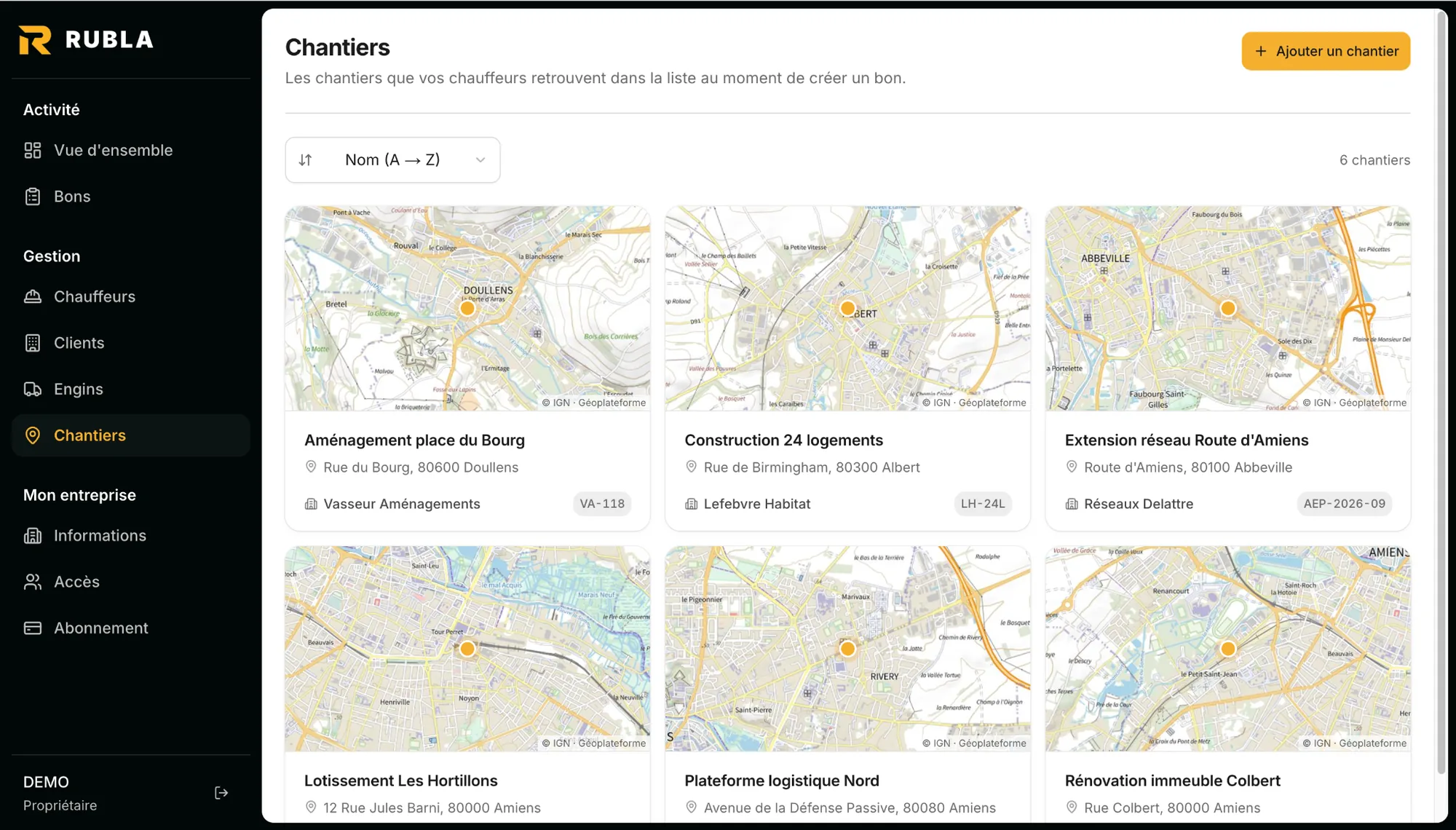 Le back-office RUBLA : la liste des chantiers de l'entreprise, chacun sur sa carte.