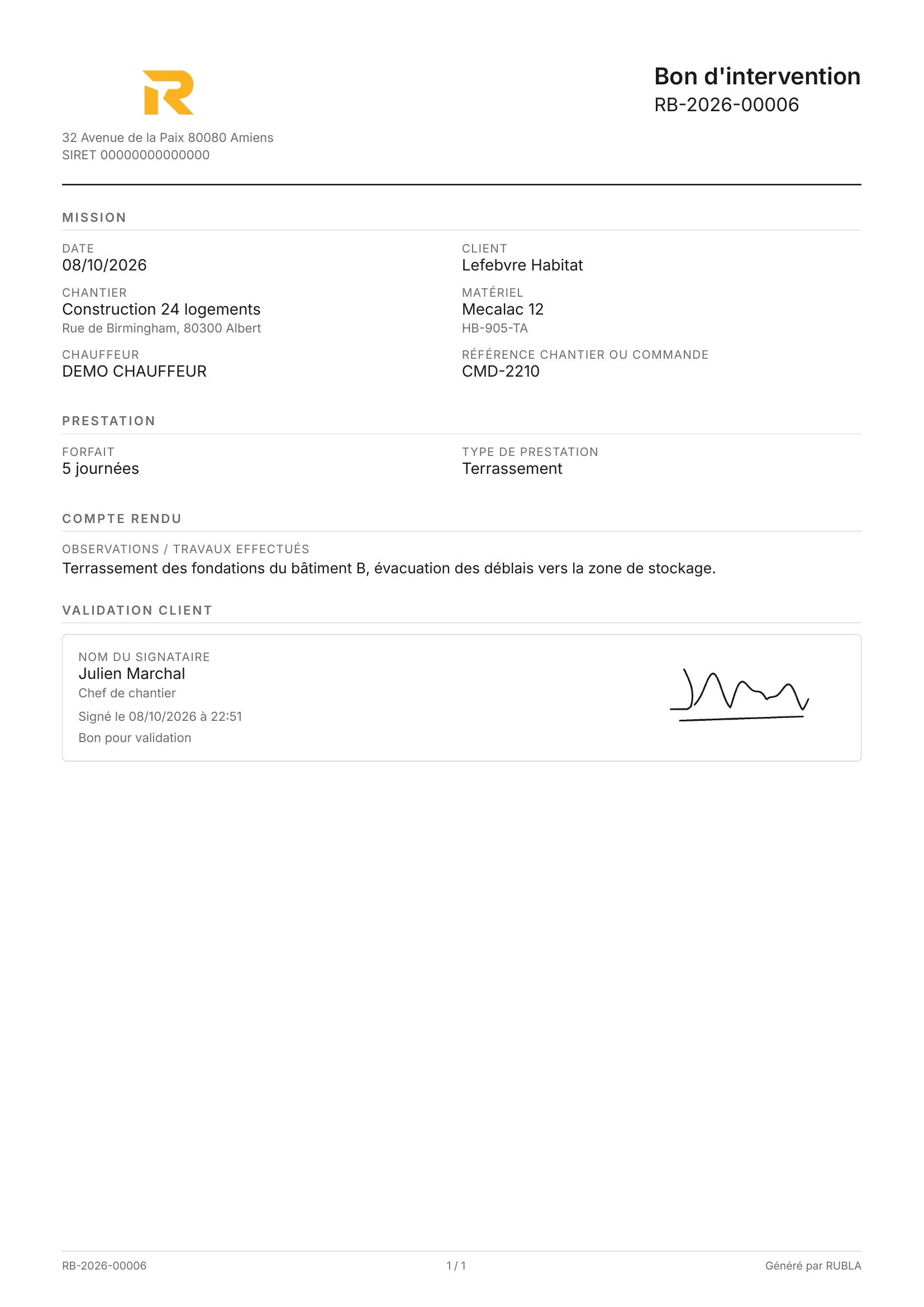 Un bon d'intervention RUBLA au format A4, signé par le client.
