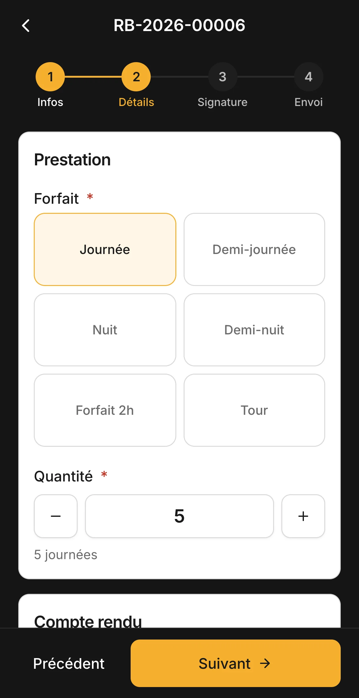 Étape Détails : le forfait choisi parmi les six, et la quantité.