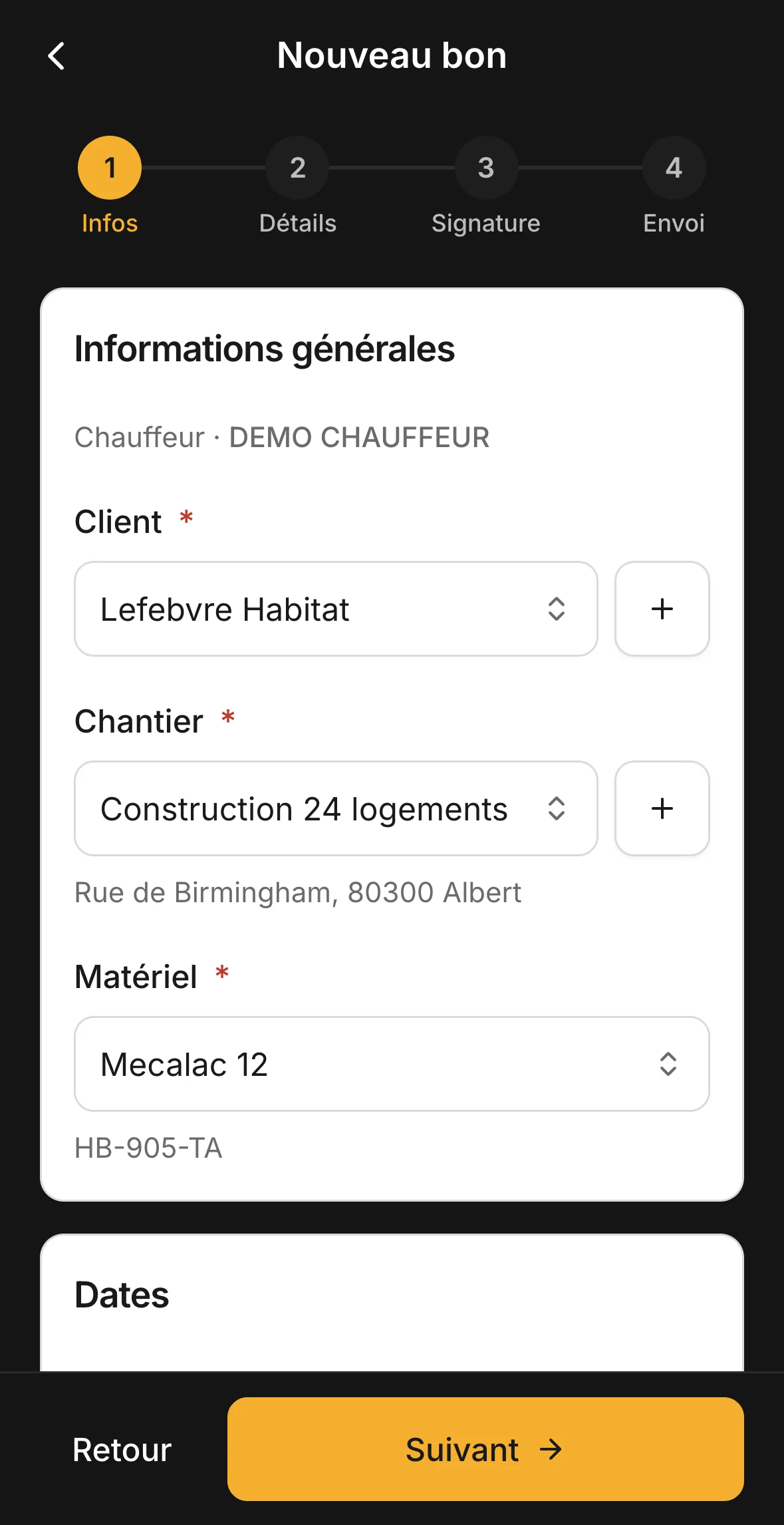 Étape Infos : le client, le chantier et l'engin choisis dans des listes.