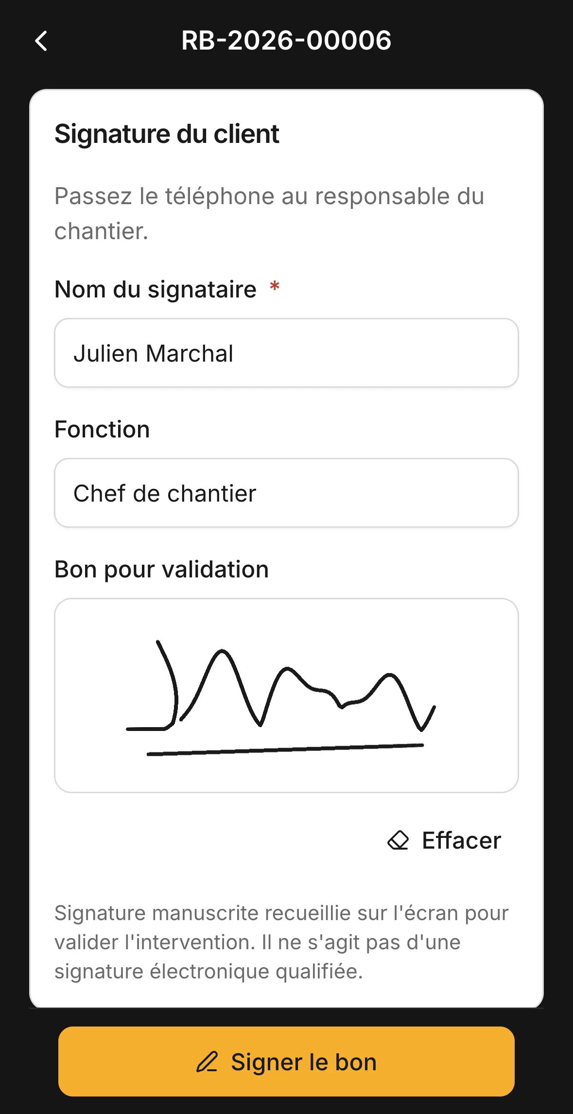 Étape Signature : le récapitulatif du bon et la signature du client.
